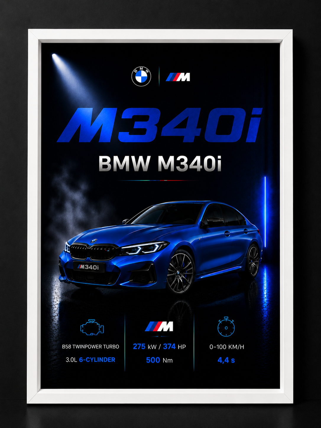 BMW M340i – detail tisku prémiového obrazu MotionCar